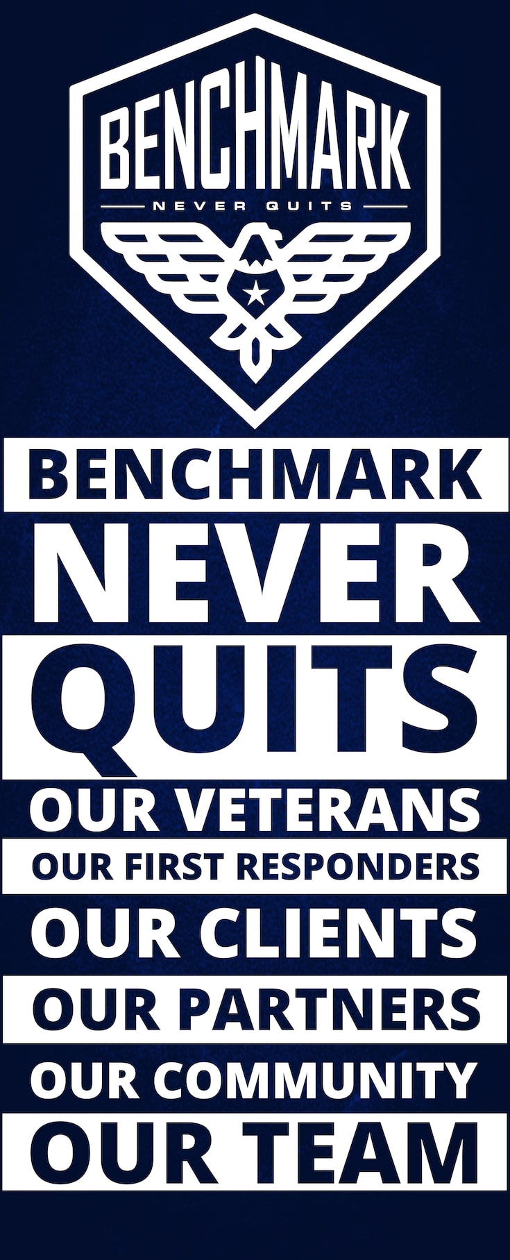Benchmark Never Quits stand-up banner artwork